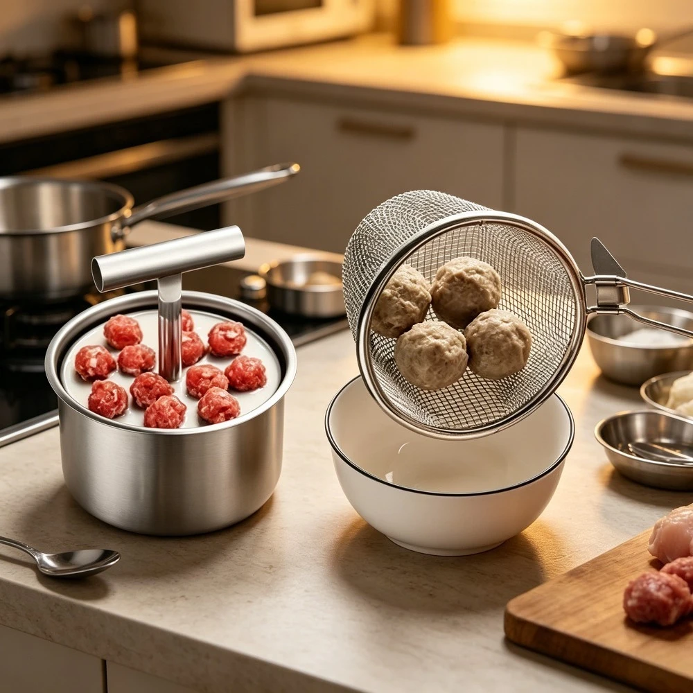 2 piezas de utensilios de cocina de acero inoxidable para hacer albóndigas y filtro de pared, accesorios de cocina, herramientas prácticas para la cocina, artículos de cocina diarios