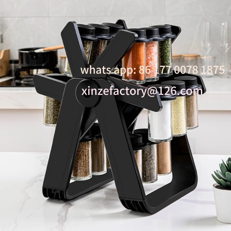Customizable 360° Revolving Rotating Spice Rack Organizer with 8 Bottles –  Countertop Spice Holder, Black Kitchen Storage Carou