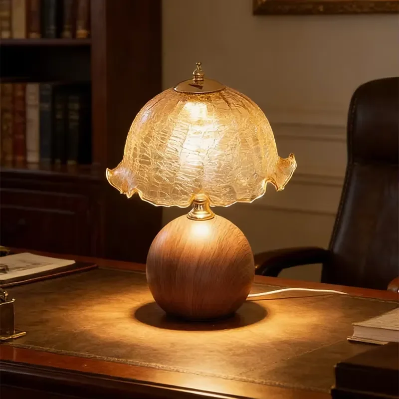 for  USB Rechargeable French Vintage Desk Lamp Cracked Glass Shade Wood Grain Ceramic Base 3 Color Adjustable Light