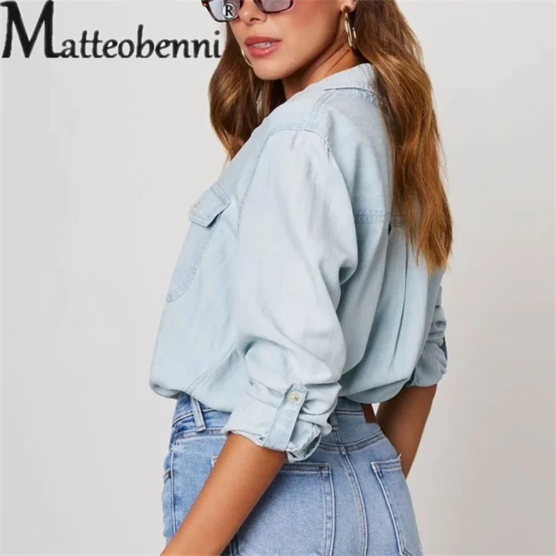 Autumn Thin Denim Shirt Women\'s Single-breasted Splicing Pocket Long Sleeve Lapel Tops Ladies Comfortable Commuter Casual Blouse