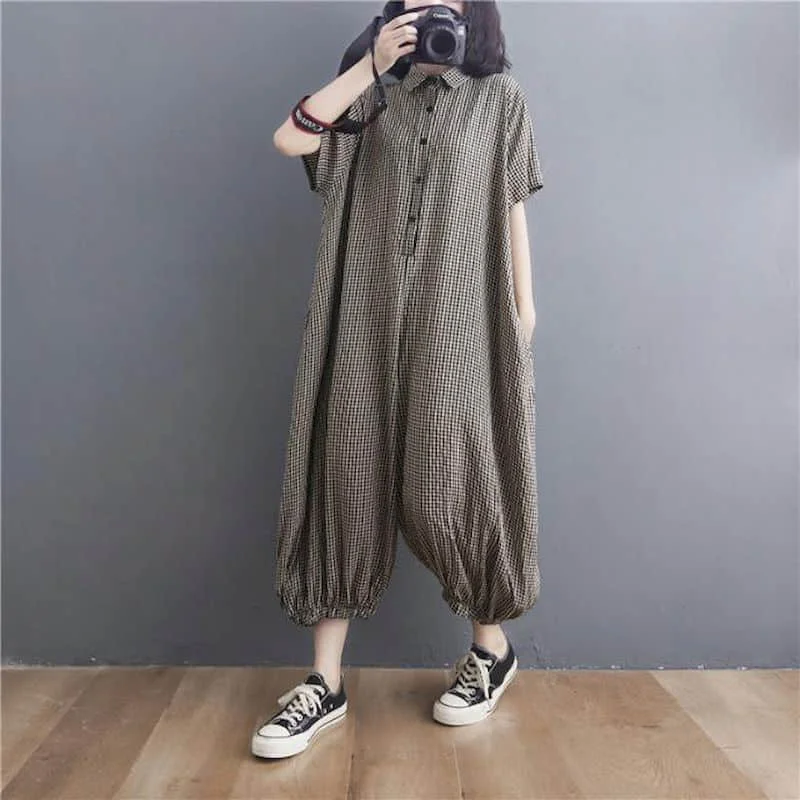 Baumwolle Leinen Overalls lässig Sommer Polo-Ausschnitt Plaid Kurzarm koreanische Mode einteilige Outfits Frauen Kleidung lose Stram pler