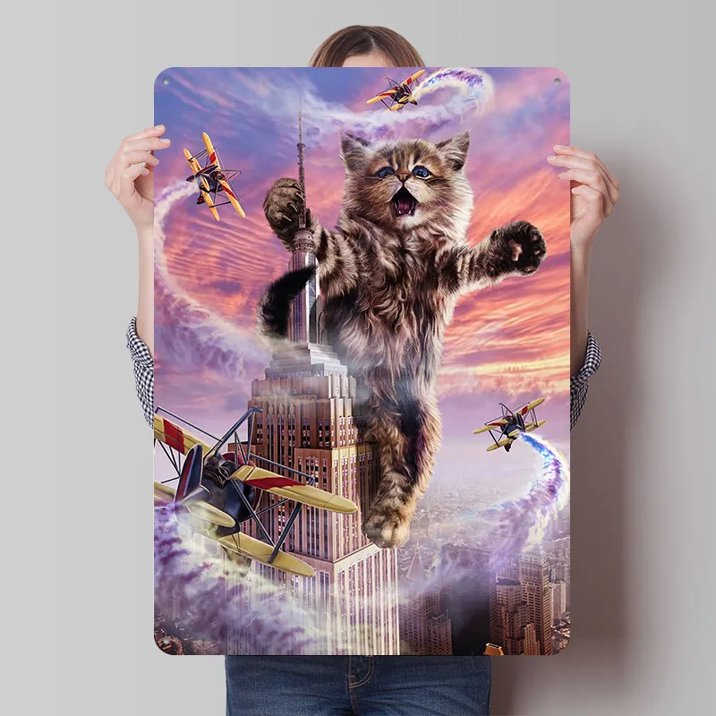 Monster Cat Empire State Tinplate Poster Custom Wall Art Vintage Metal Signs Retro Tin Plaque for Modern Home Decoration Luxury
