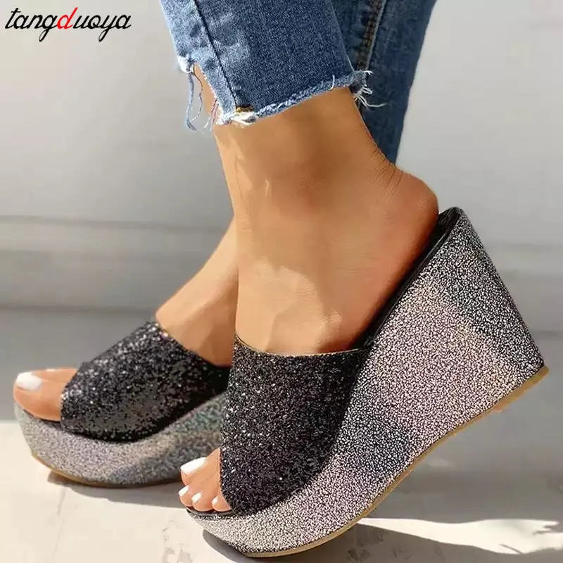 gold silvers platform heels Women Slippers Summer Shoes Platform Outside Fitting-room High Heels Wedges Solid Mesh Female Slides