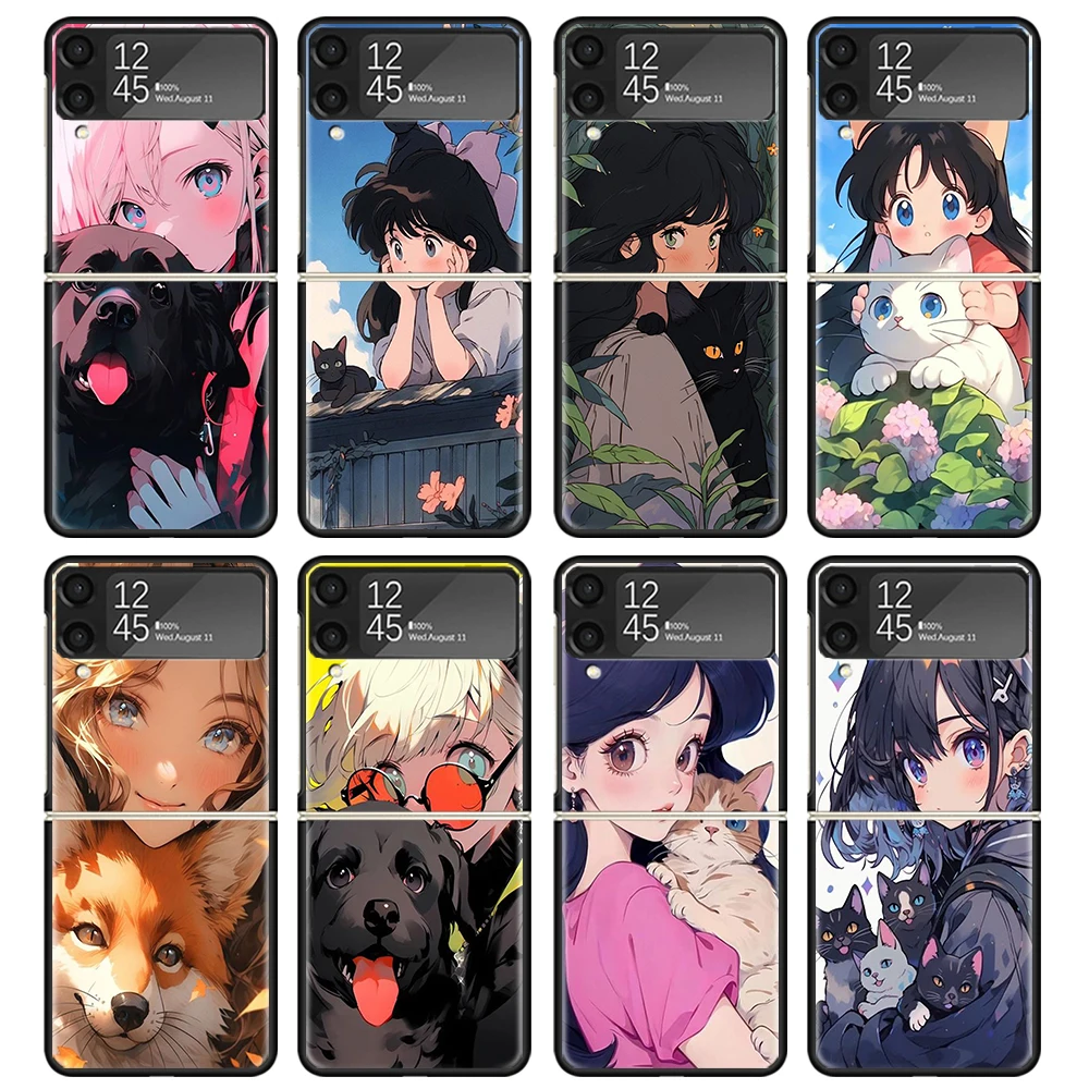 Cute Anime Ins Girls Animal Cat Case For Samsung Galaxy Z Flip 4 5 3 z Flip5 Flip4 5G Hard Phone Cover Flip3 Split Folding Black