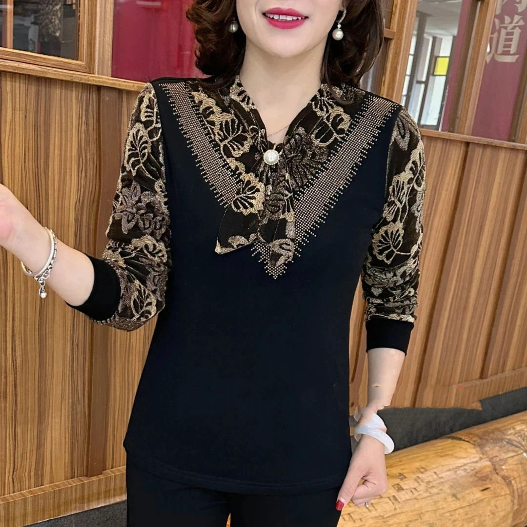 Elegant Women Blouse With Floral Pattern And Beaded V Neck Design For Spring Autumn Casual Wear