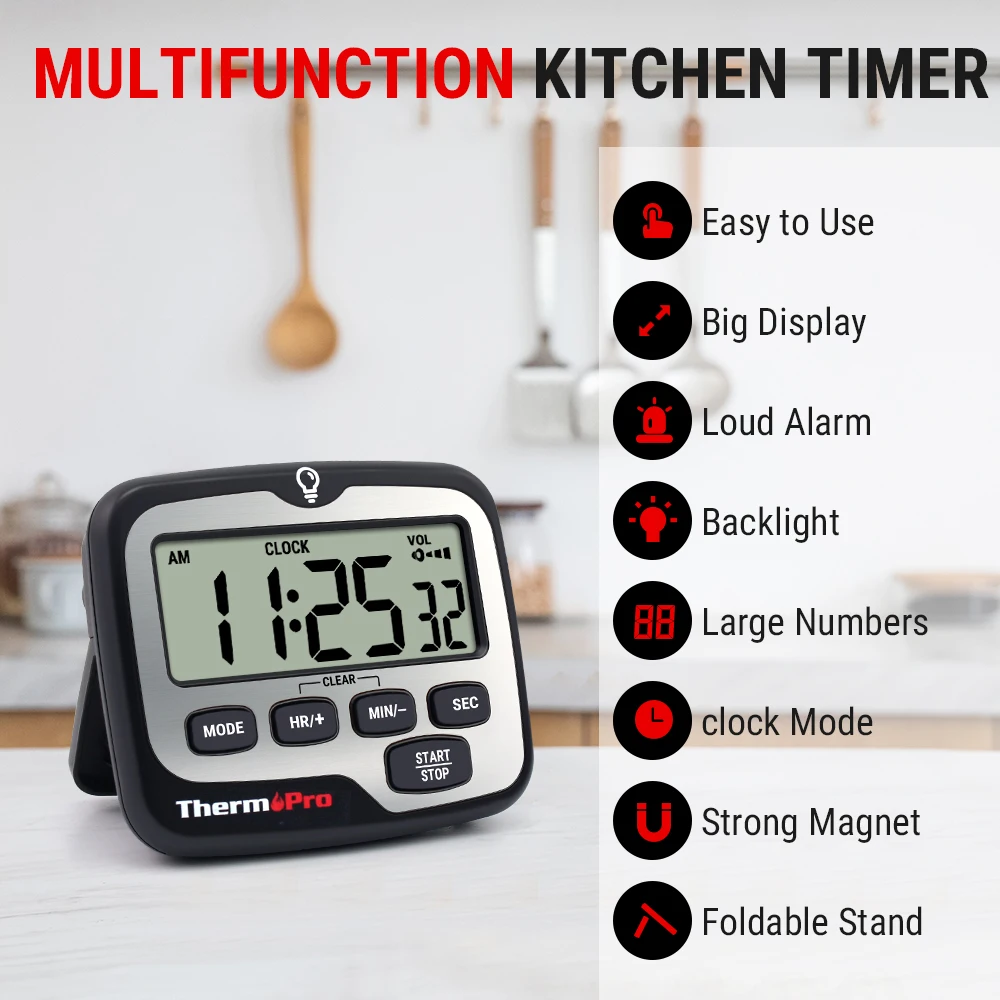 ThermoPro TM01 Backlight 4 Alarm Volume With Clock Function Countdown Countup Cooking Kitchen Timer