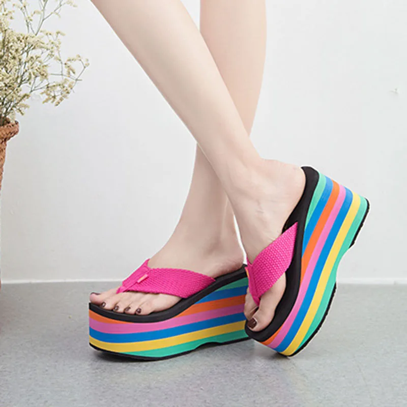 New Summer Women Slippers Rainbow Wedges Beach Flip Flops Ladies Outdoor 10CM High Heels Platform Slipper Fashaion Slides Shoes