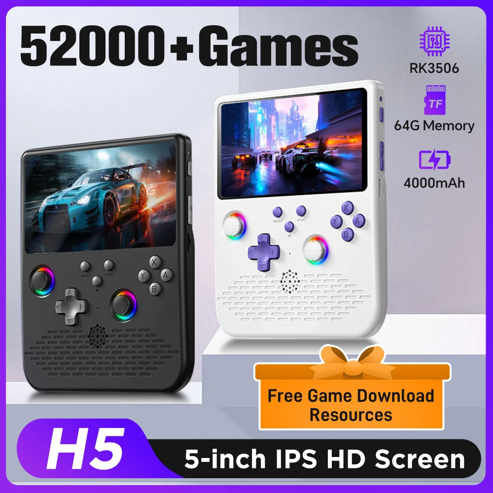 

H5 Handheld Video Game Console 5-inch IPS Screen 4000mAh Portable Game Player with 52000+ Retro Games