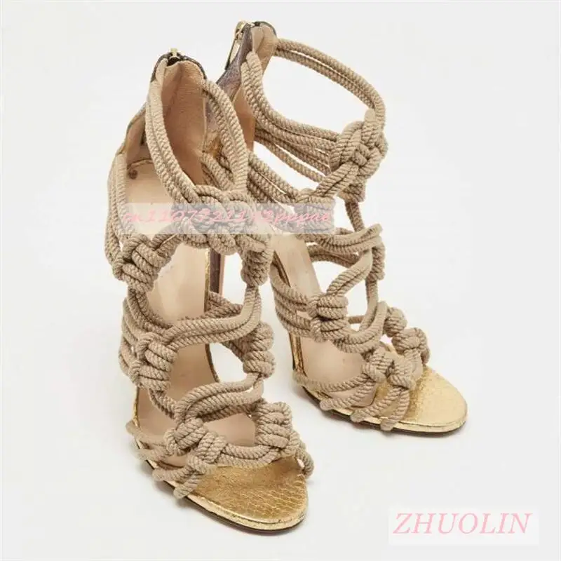 Female Braided Rope Open Toe Sandals Elegant Stilettos Zipper Dress High Heels Sexy Prom Party Big Size Women'S Shoes Gladiator view 3