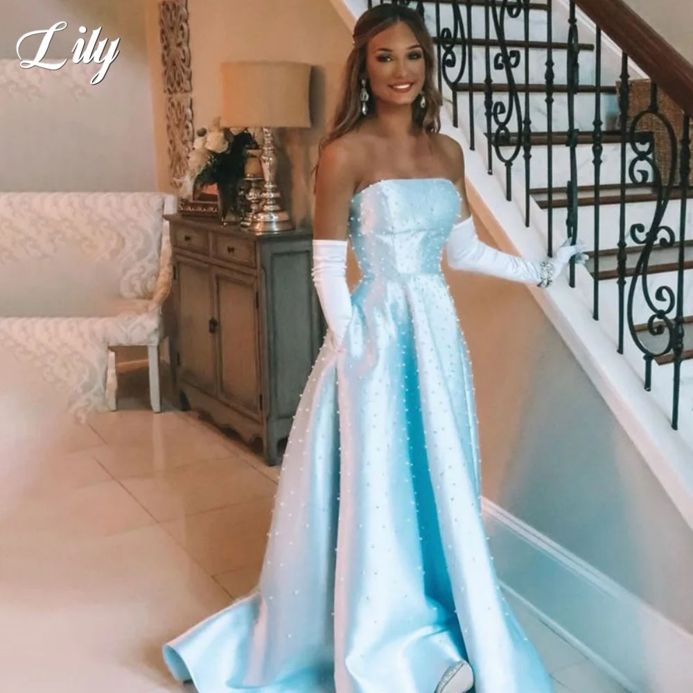 

Lily Sky Blue A-Line Strapless Evening Dress with Pears Party Dress Satin Floor Length Prom Dress robe de soirée Customized