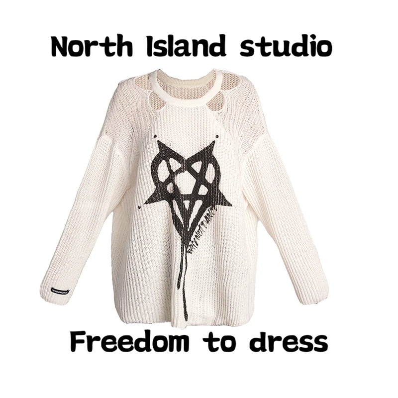 

Laid-ba Hexaam Спрей-чернильный дизайн с принтом Универсальный свободный свитер с вырезом на плечах, подвесной новый свитер белого цвета n Sle Wom...