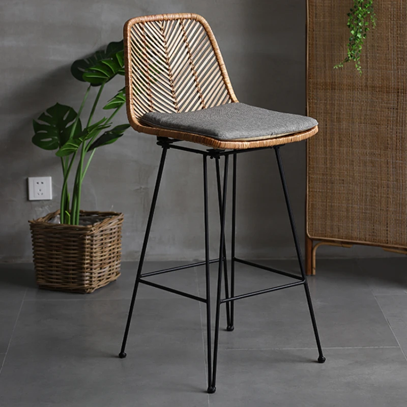 Metal Legs High Bar Stool Rattan Woven Backrest Lounge Minimalist Bar Chairs Dining Designer Moderne Room Furnitures