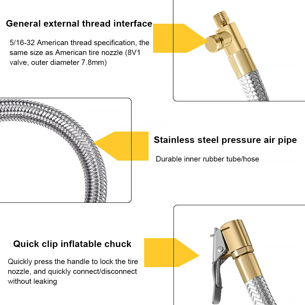 Stainless Inflatable Tube Hose Car Tire Air Inflator Hose Tube Connection Valve Inflation Chuck Locking Deflate Motorcycle Bike