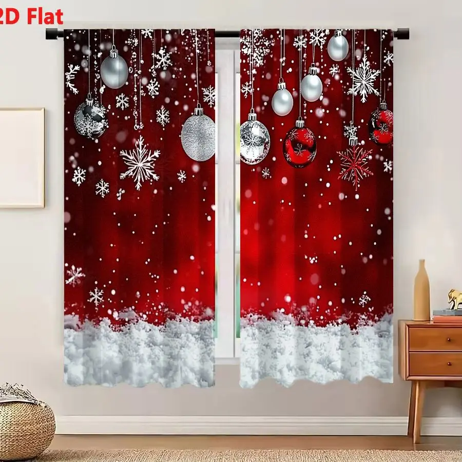 2Pcs Curtains Add 2D Flat Festive Christmas Background With Hanging Ornaments And Snowflakes On Red Gradient Window Drapes for B