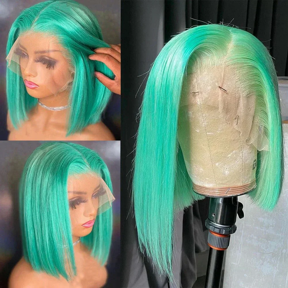 13x4 Lace Front Wigs Human Hair Mint Green Colored Short Bob Human Hair Wigs For Women HD Transparent Lace Bob Wig Glueless