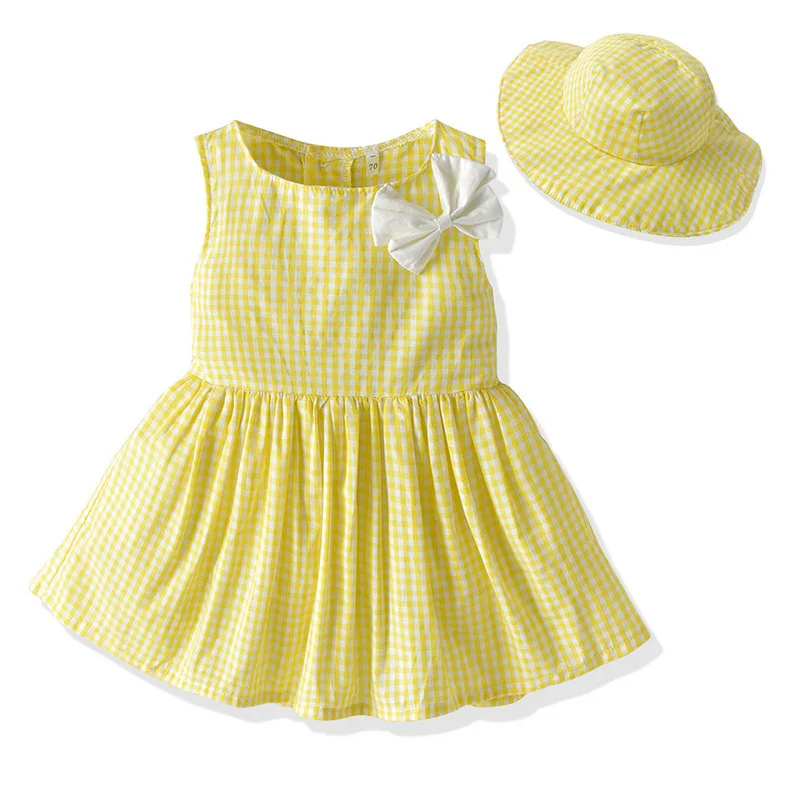 Summer Bow Girl's Dress Sweet Sleeveless Checkered Bow Dress with Sunshade Hat for Cooling