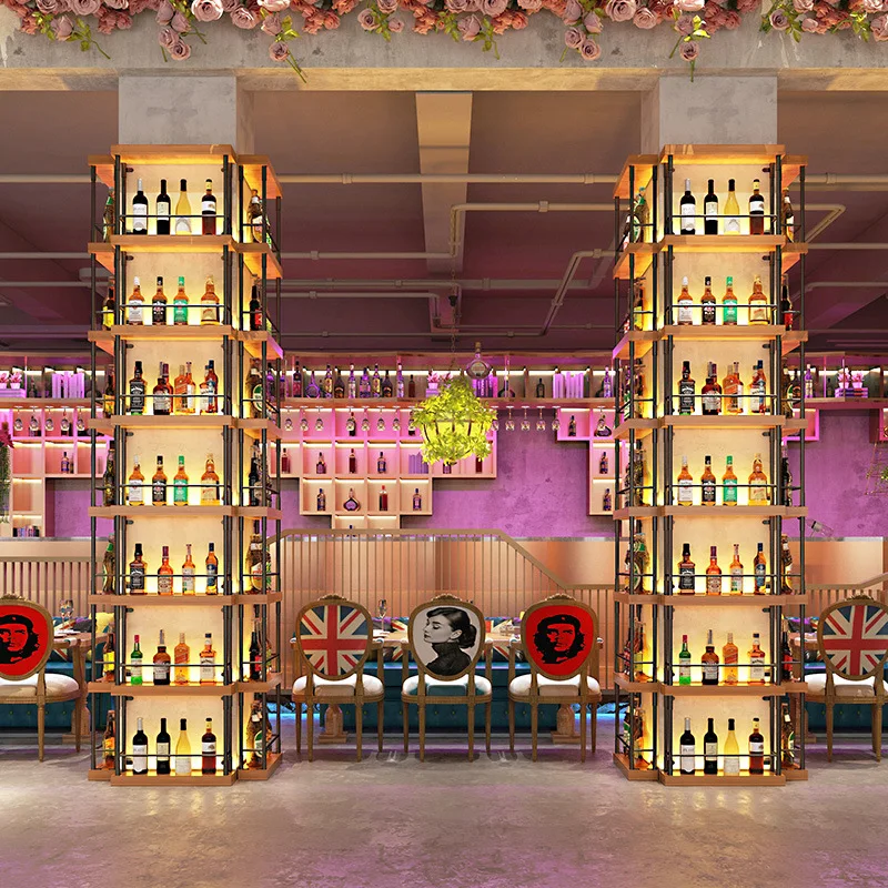 Restaurant bar wall hanging against the wall red wine rack wrought iron wine column partition winery floor-to-ceiling luminous