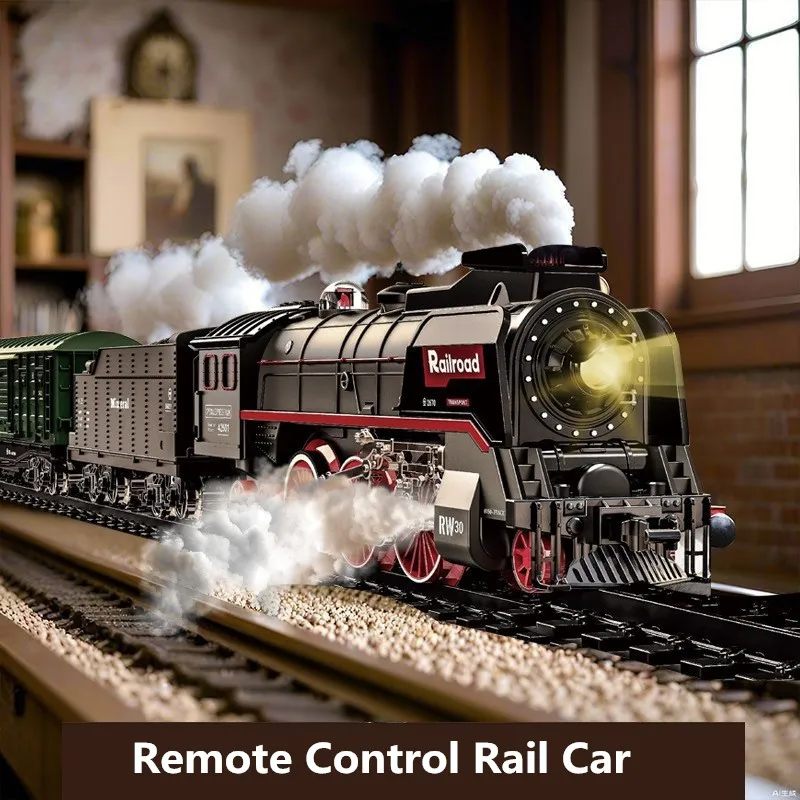 Retro Steam Train Track Toy Set Simulation Electric Train Model  Remote Control Rail Car Children's Toys For Kids