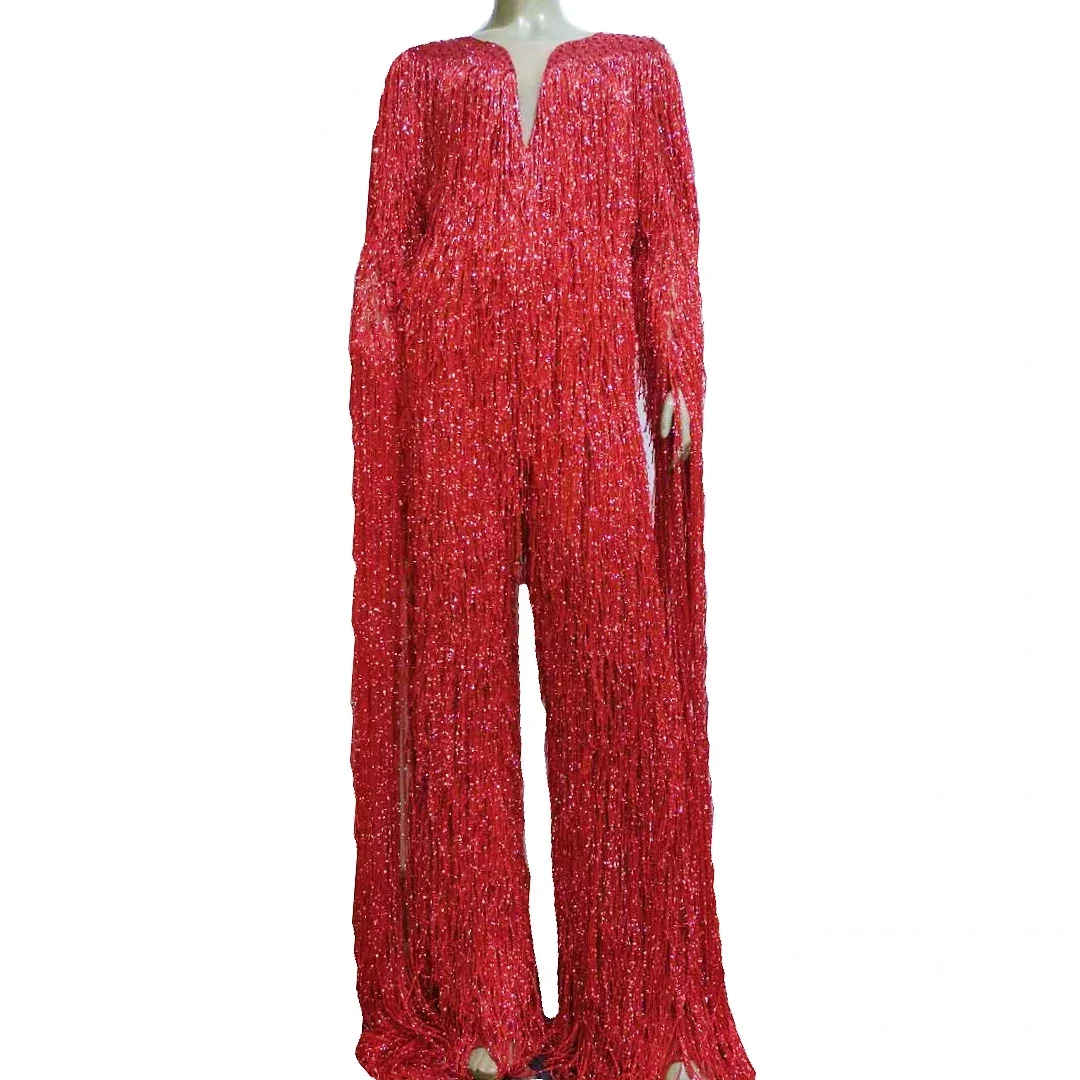 Longt tassel Crystals Jumpsuit Sexy Rhinestones Bodysuit Women Nightclub Outfit Singer Stage Dance Costume