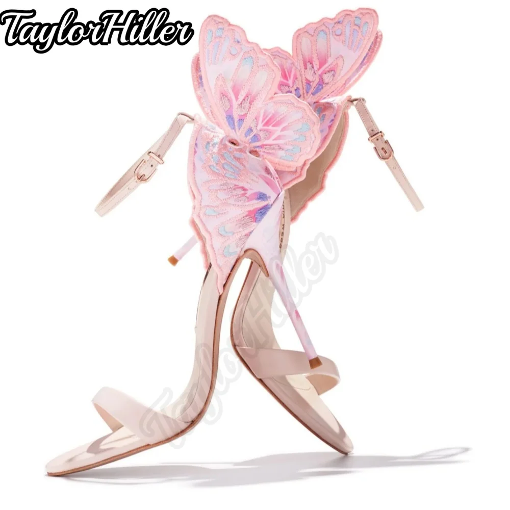 Pink Butterfly Wings Heeled Sandals One Strap Stiletto High Heels Mixed Color Women Luxury Designer Spring Summer Modern Shoes