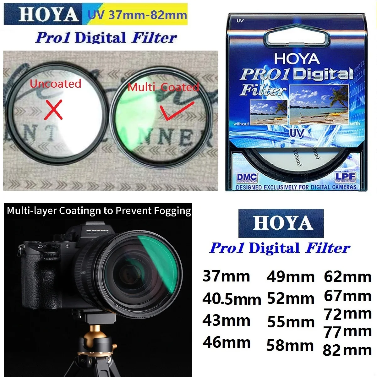 HOYA 37_40.5_43_46_49_52_55_58_62_67_72_77_82mm UV Filtre Çok Kaplamalı DMC LPF Pro 1D Dijital Nikon Canon Sony Fuji için