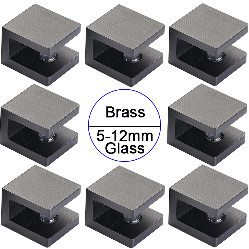 

NEW 8PCS Solid Brass Glass Clamps No-Drill-on-Glass Glass Shelf Brackets Brushed Black U-Clamps Glass Panel Clips for 5~12mm