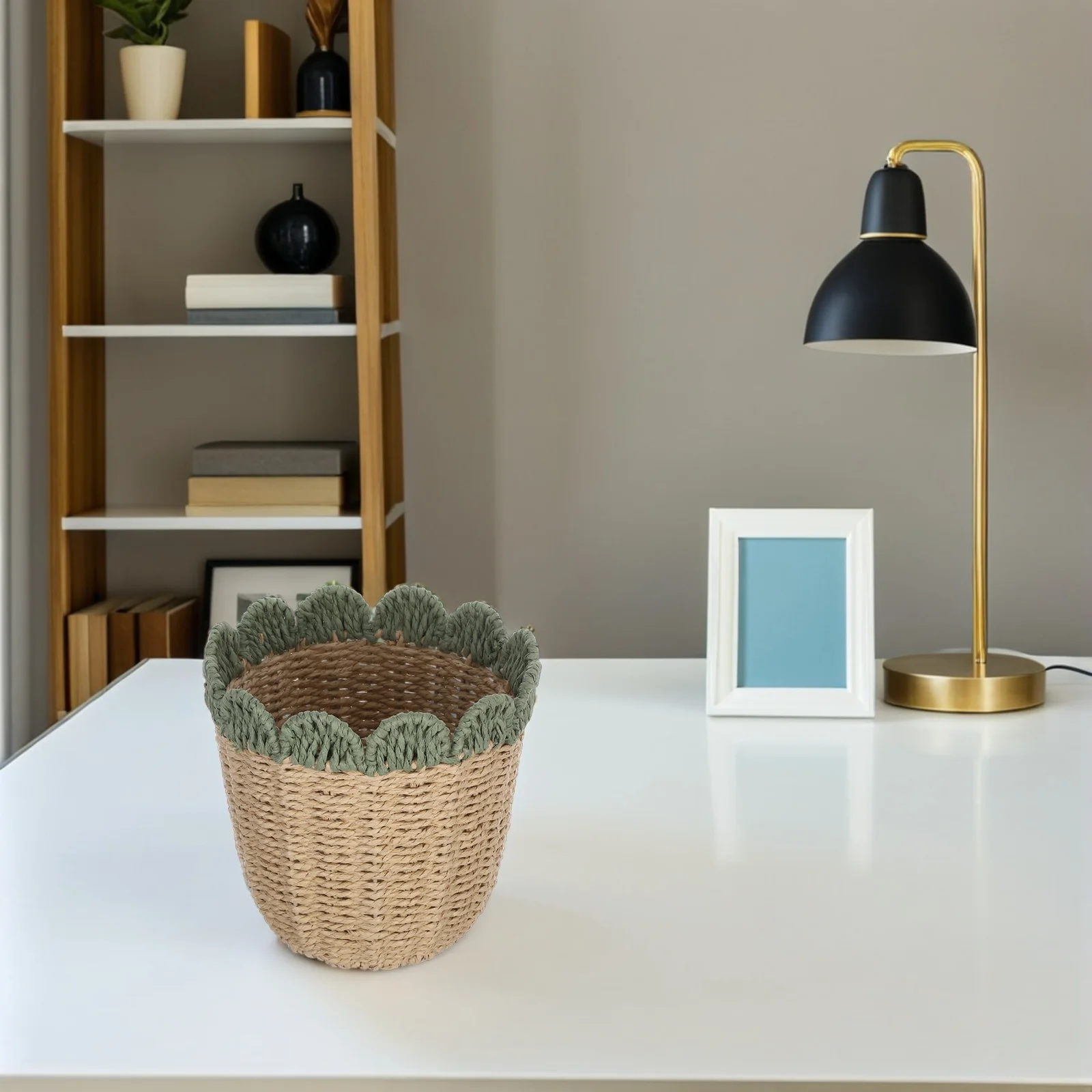 

Scalloped Edge Handwoven Paper Rope Storage Basket Multifunctional Farmhouse Desk Trash Can Organizer Tabletop Trash Can