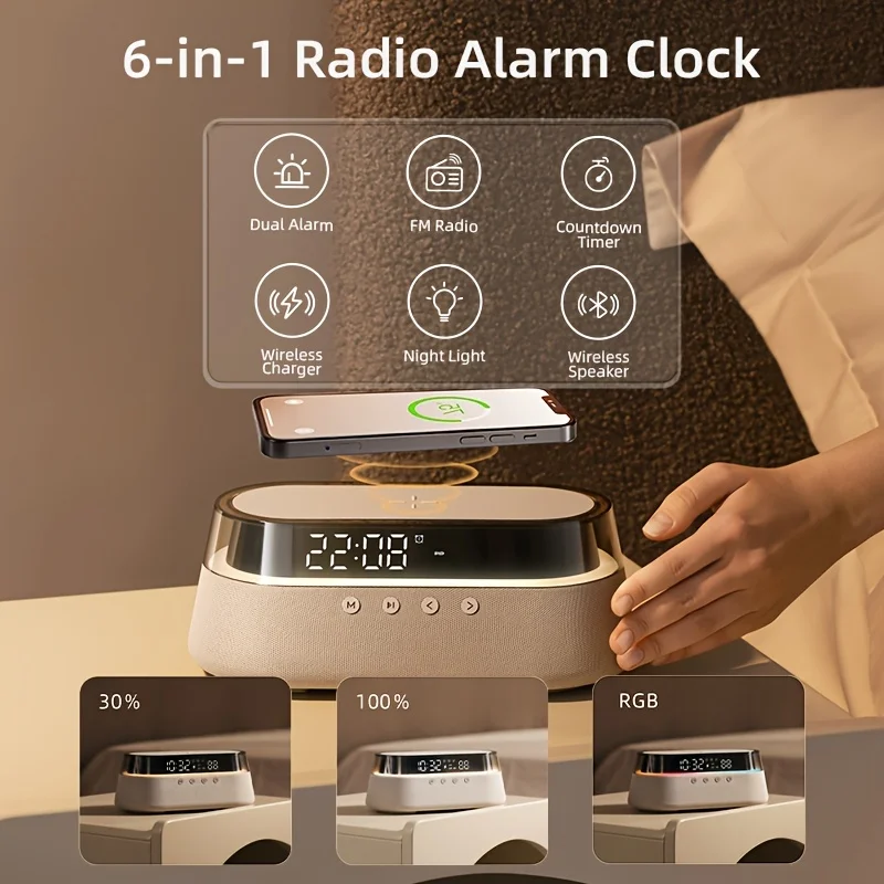 

Aretelo 6-in-1 Bedside Wireless Charging Clock, 12/24H Multi-Mode Digital AlarmClock,, FM Radio, Bluetooth Speaker