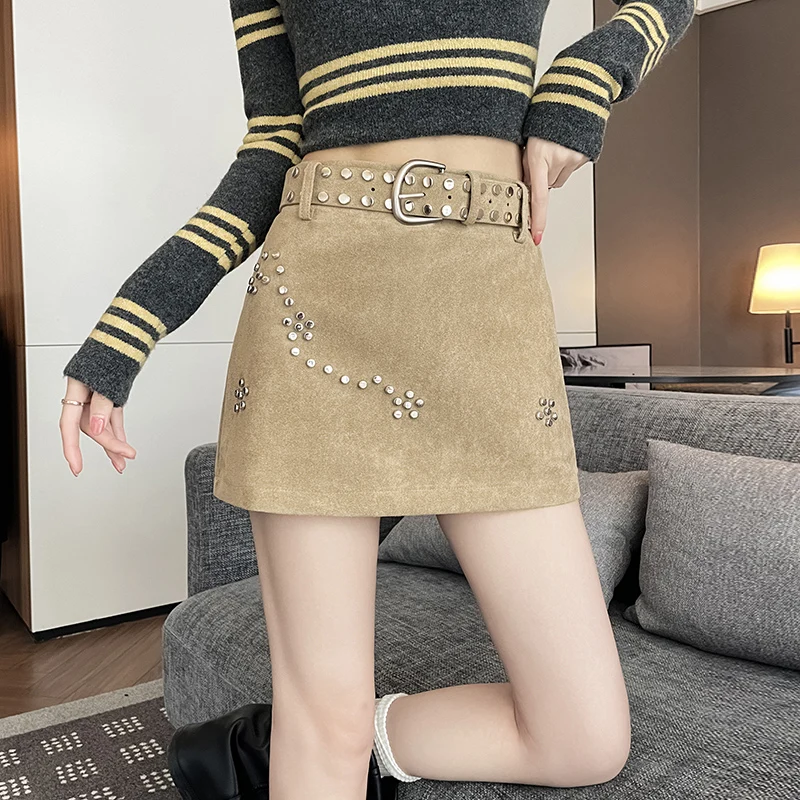 Retro Sparkling Beads Suede  Skirt High Waist Slim Design A-Line Short Skirt with Belt for Women Autumn Winter Fashion