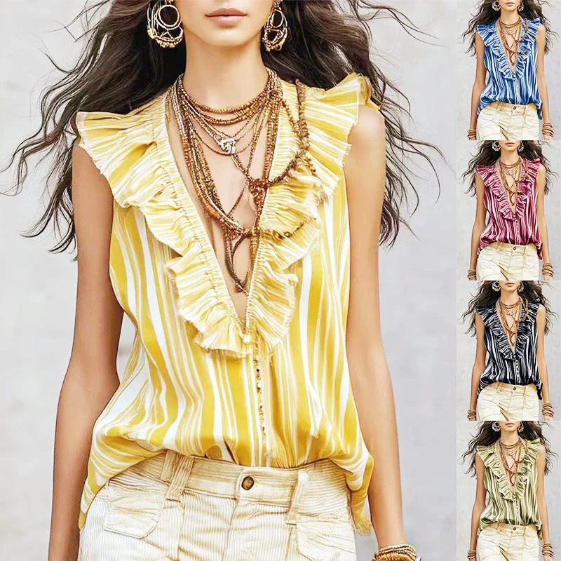 Summer Women Striped Sleeveless Vest Tank Strip Ruffles Sexy Shirt Bohemian Ruffled V-Neck Top T Shirts Tops