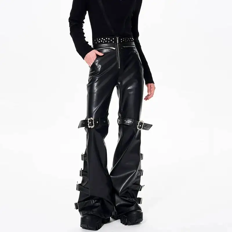 LUZHEN 2026 New Metal Buckle Belt Patchwork Decorate Leather Pants Men Fashion Streetwear Personalized Male Bell-bottoms JY6569