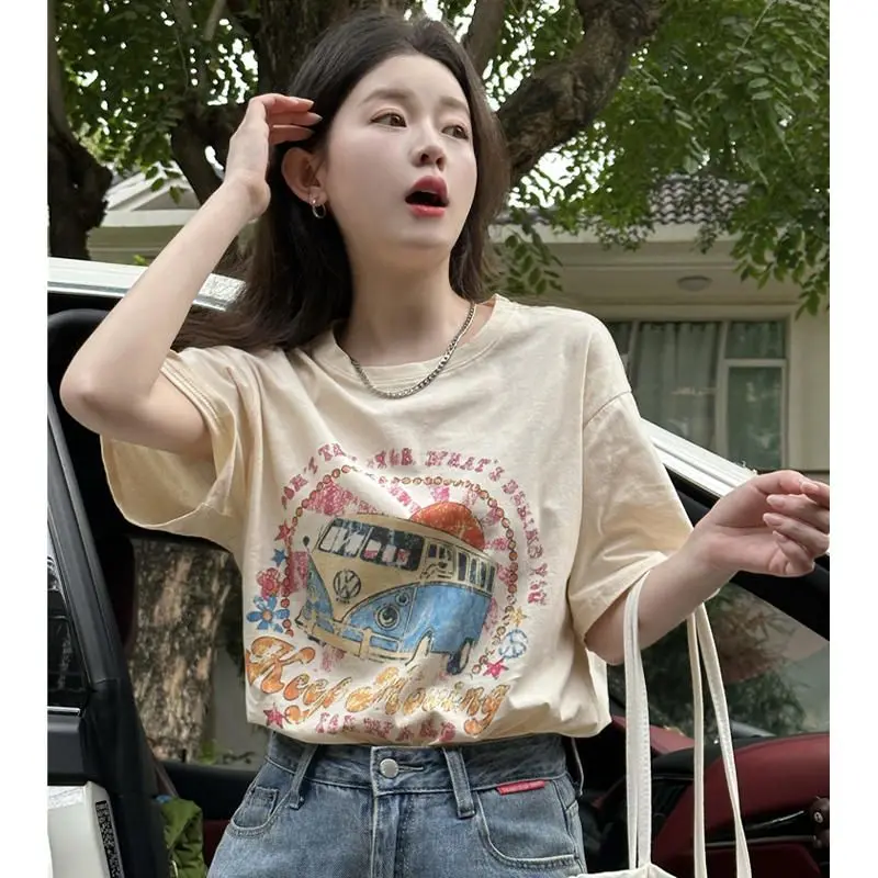 Loose large version casual summer half-sleeved Hong Kong style design sweet hottie printed right shoulder short-sleeved y2k tops