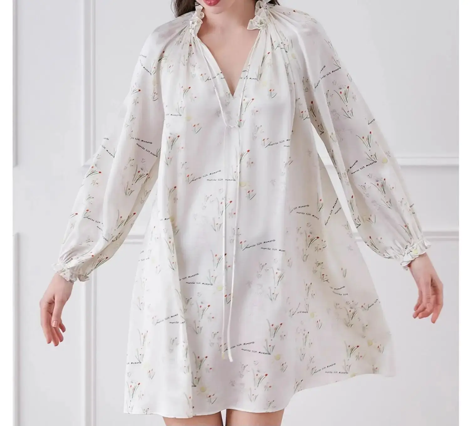 Winsleter,2024 Summer New,22MM 100%Mulberry Silk Sexy Nightgown,Women Long Sleeve Flower,French Sweet Pajama Dress,P45765QM