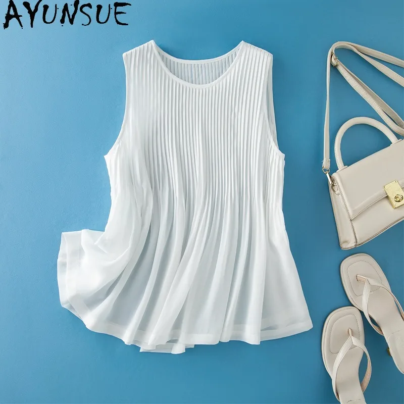 AYUNSUE 100% Silk Tanks Top Woman Solid Color Sleeveless Women T Shirts Casual O-neck Summer Clothes Woman 2026 High Quality Топ