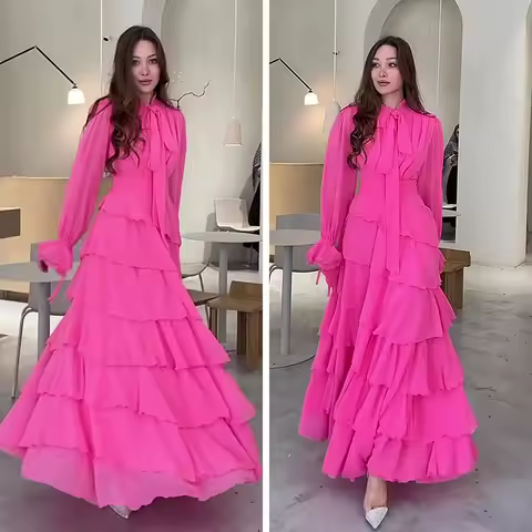 Autumn New Ruffle Leaf Splicing Wind Chiffon Semi-turtleneck Dress for Women Evening Dress Formal Party Gown