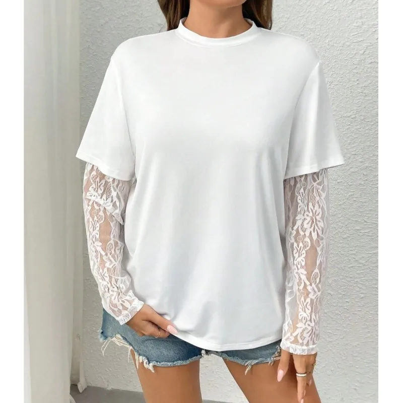 Ladies Lace Patchwork T-Shirts Solid Color Round Neck Long Sleeve See-through Lace Panel Design Breathable Pullovers Tees Female