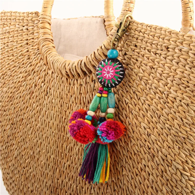 Llaveros con dijes de flores, cuentas de madera con pompón, joyería colorida, estilo bohemio, 1 unidad