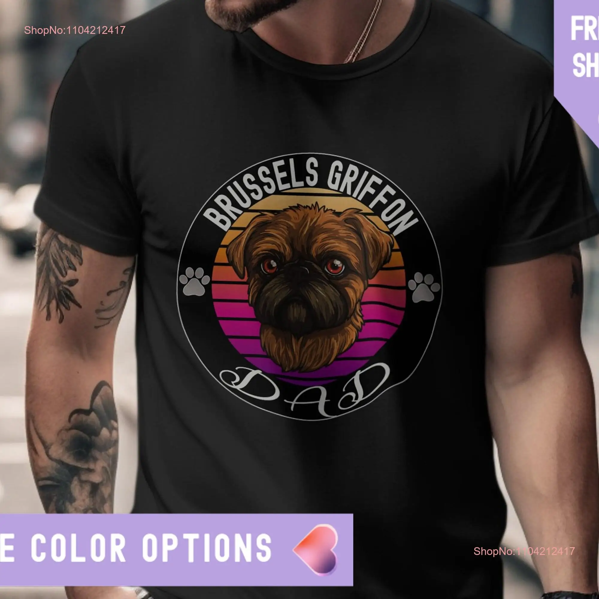 Camiseta de Griffon de Bruselas para amantes de los perros papá regalo de Navidad camiseta colorida retro puesta de sol mangas largas o cortas