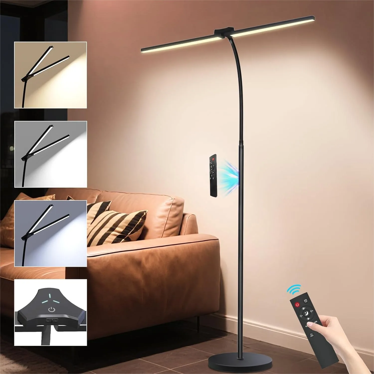 

24W 2400LM Dual Head LED Floor Lamp, Adjustable Reading Standing Task Light with Remote for Living Room Office Tattoo Craft