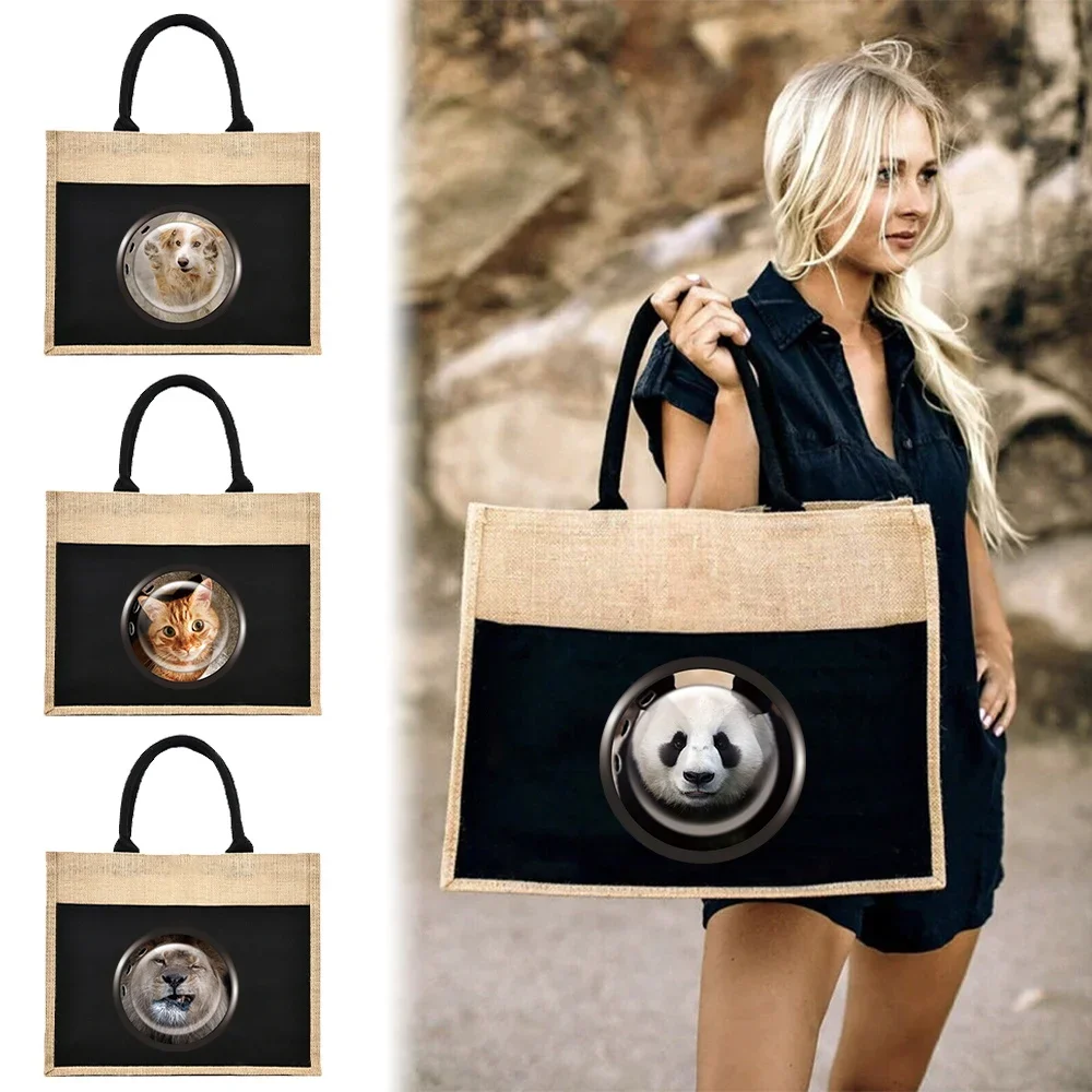 

Jute Handbag Linen Shoulder Sacks Imitation Sacks Linen Bags Women Shopping Designer Canvas Interesting Animals in The Window