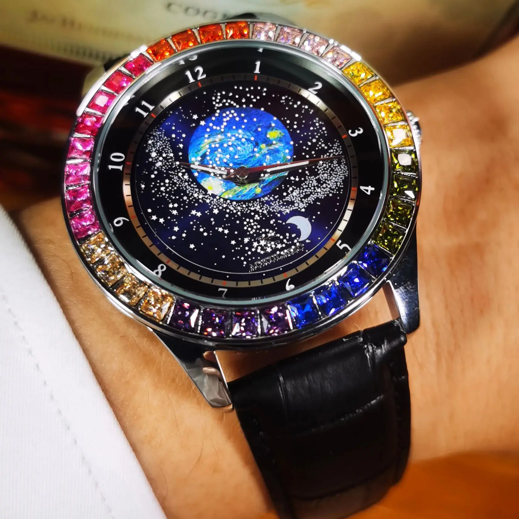 AOKULASIC Fashion Mechanical Watches Starry Sky Luminous Dial Business Iced Out Automatic Watch for Men Leather Steel Strap New
