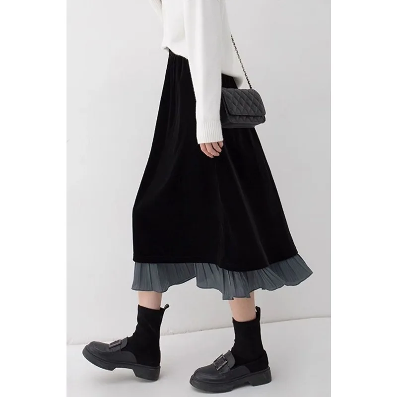 Western Style Autumn and Winter 2025 Skirt Temperament Gold Velvet Pleated Design Skirt Mid-length Skirt