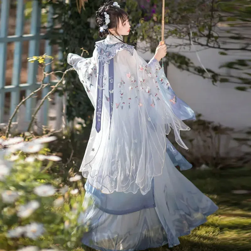 Blue Hanfu Traditional style butterfly female skirt Heavy embroidery high quality Ming pleated skirt cape summer daily clothes