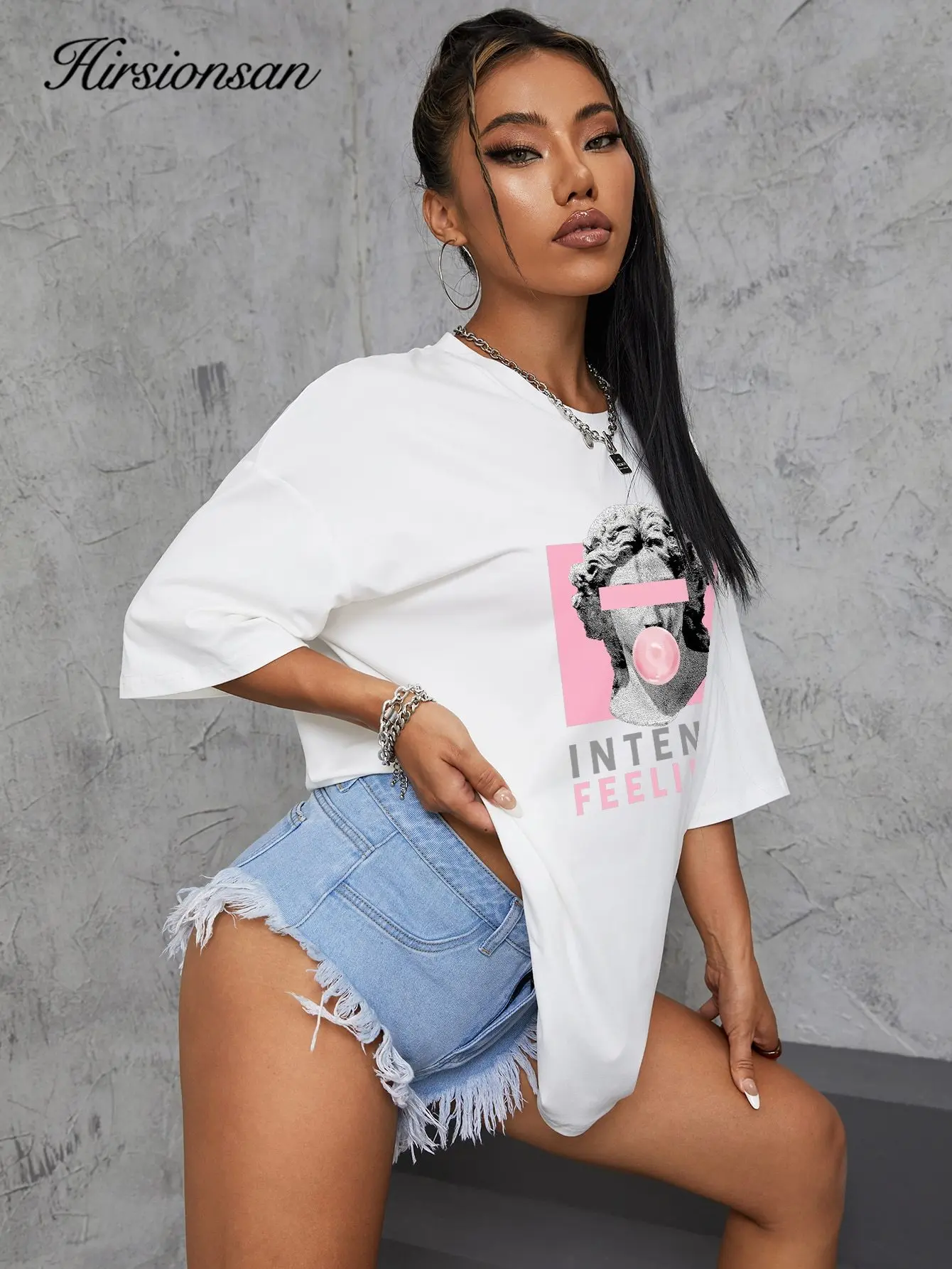 Hirsionsan Harajuku T-shirts Women Graphic Printed Tops Summer Cotton Tees Female Casual O-Neck Tee Shirts Streetwear Basic Top