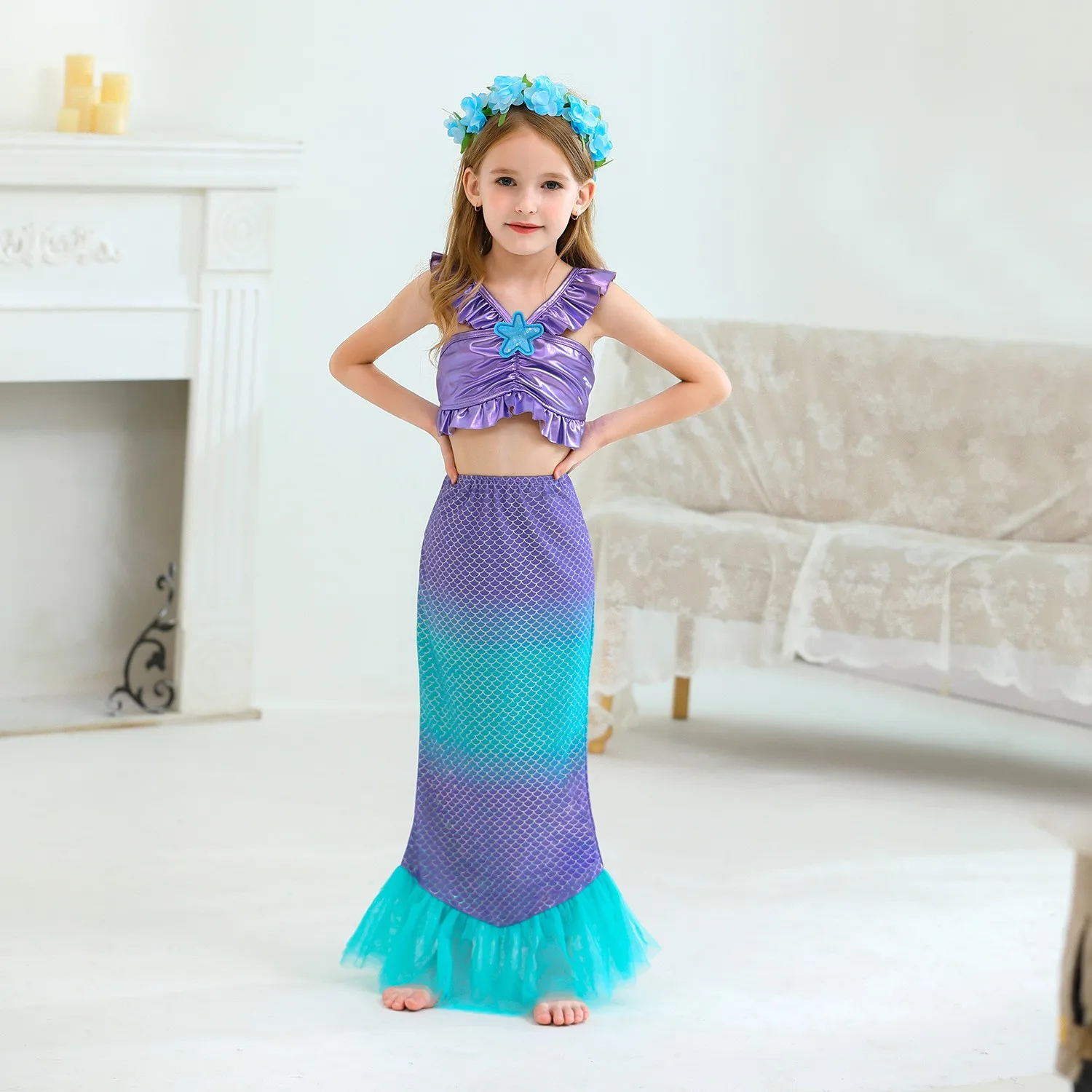 Disney Little Mermaid Ariel Princess Costume Cosplay Children Carnival Birthday Purple Sling Two Piece Set Princess Dresses