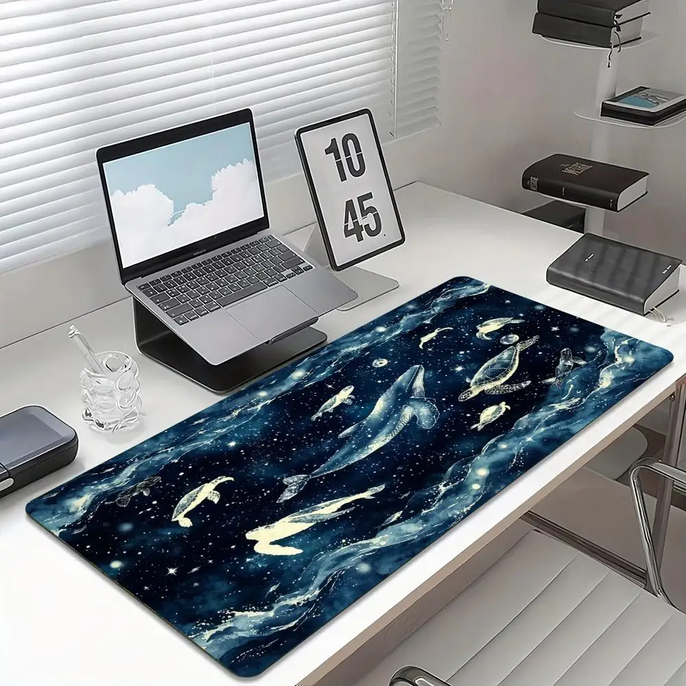 Whale Constellation Extended Gaming Mouse Pad Non‑Slip Desk Surface Starry Ocean Golden Marine Art Print For Gaming Setup