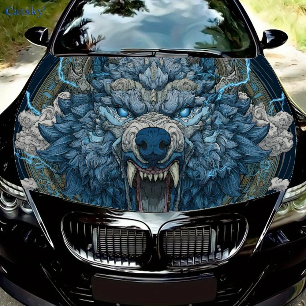 

Epic Lightning Wolf Car Hood Vinyl Wraps Decal, Auto Exterior Protective Sticker, Waterproof Self-adhesive Car Body Decoration,