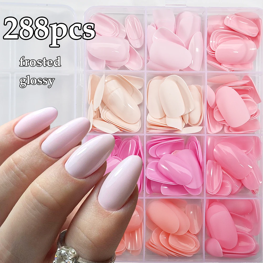 

288pcs Glossy/Matte Oval Nude Pink Fake Nails 12 Colors Medium Almond Light Pink Press On Nails Full Cover Pure Color Manicure