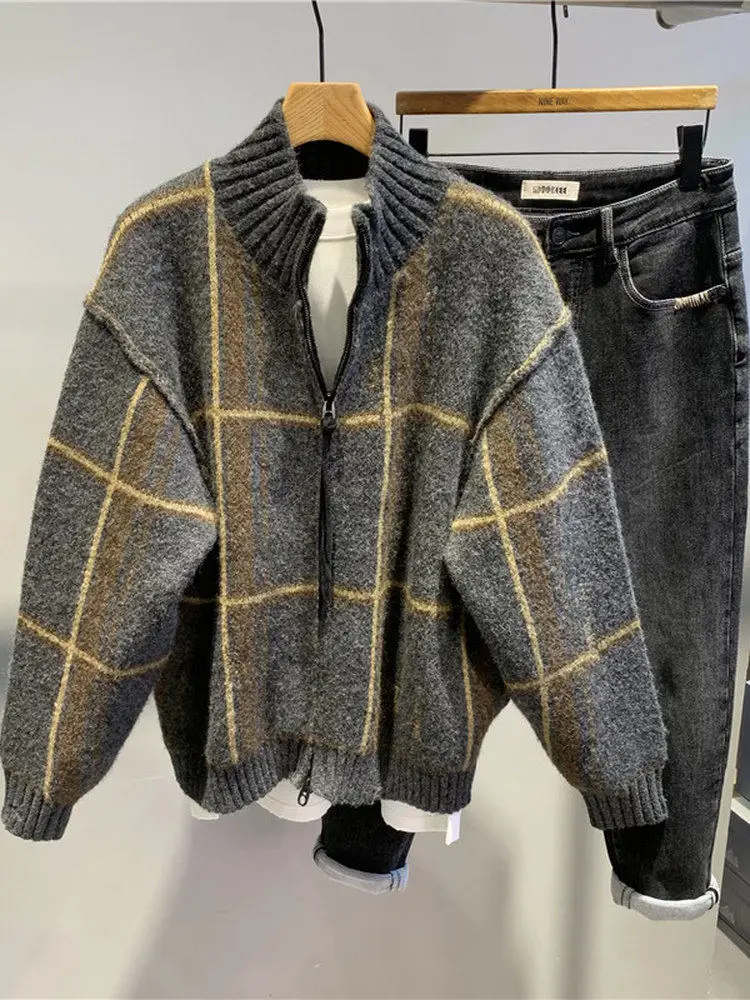 

Autumn Winter Thiened Diamond Pattern Zipper Knitted Cardigan Men's Faion Lazy Sle Sweater Coat Warm Breathable Casual
