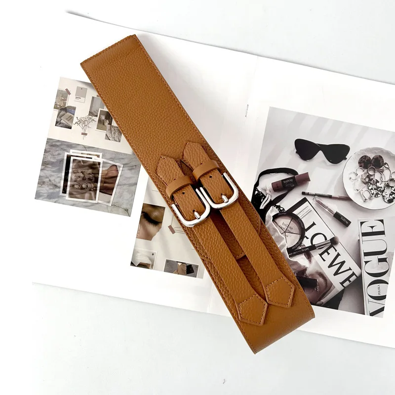 Women's Cowhide Leather Wide Waist Belt Elastic Adjustable Waistband Fashion Cinch Belt For Dresses Coats Sweaters